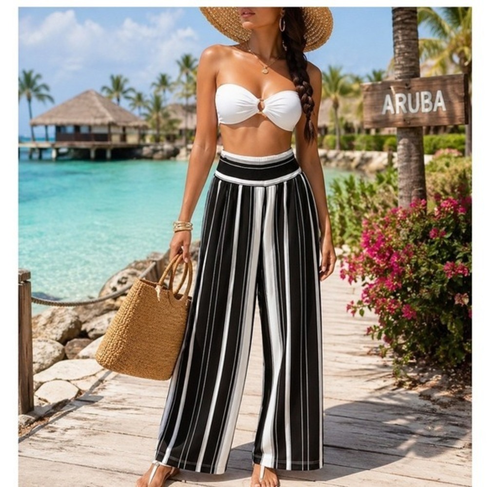 Lauren Ralph Lauren Swim Cover Up‎ Pants Black White Striped Wide Leg XL Resort